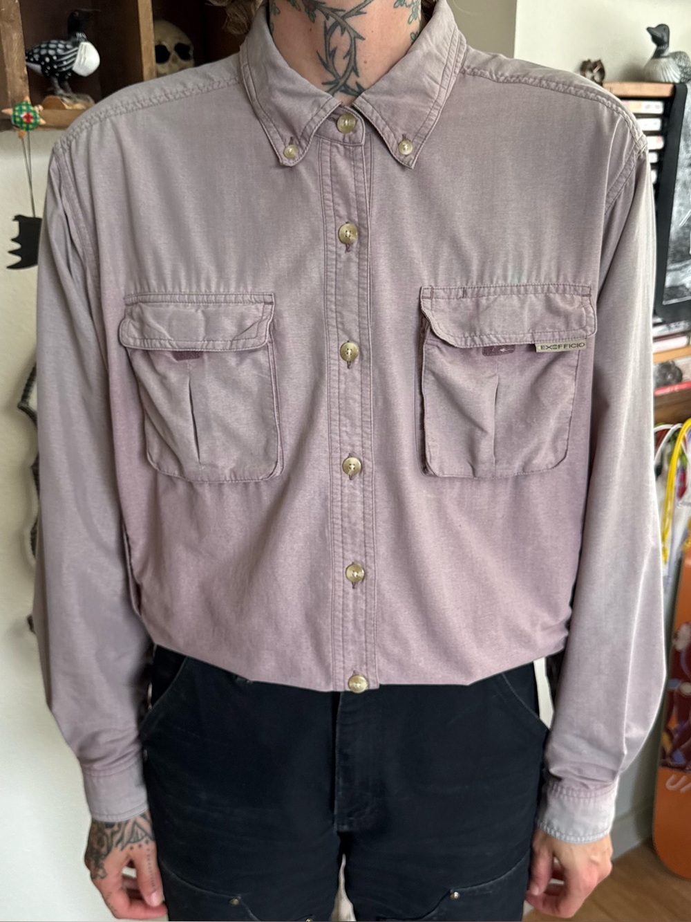 Vintage 90s Y2K ExOfficio Faded Purple Technical Vented Utility Shirt ~ Size L